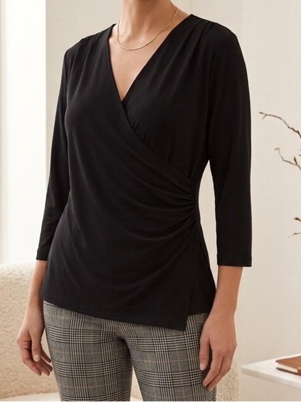 Chico's Black Surplice Faux Wrap Ruched Top Blouse - Size 1 (Medium / 8)